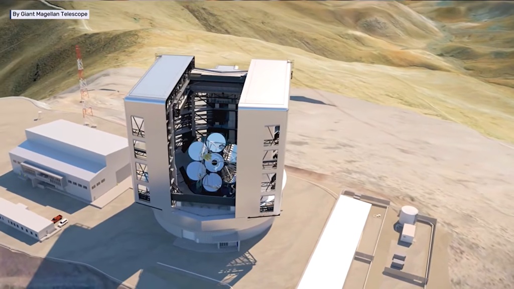 Renderização arquitetônica do Telescópio Gigante de Magalhães no topo de uma montanha no Chile