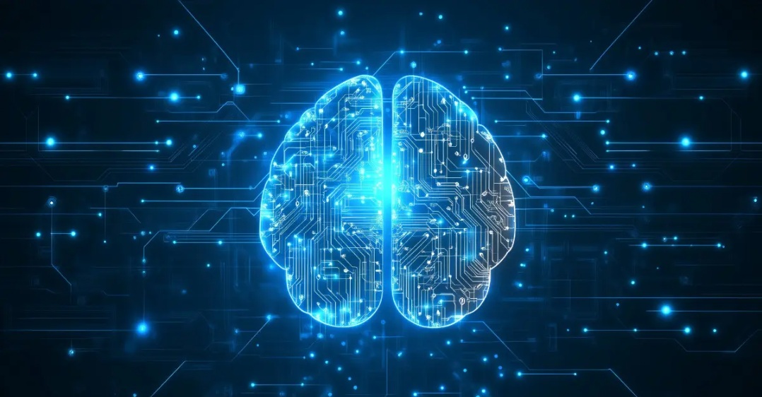 Um cérebro humano conectado a uma rede neural brilhante através de uma interface